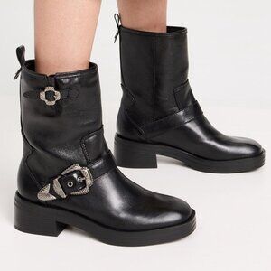 Larroude Hardy Buckle Moto Biker Boots Size 8 Black Leather Pull On NEW $450